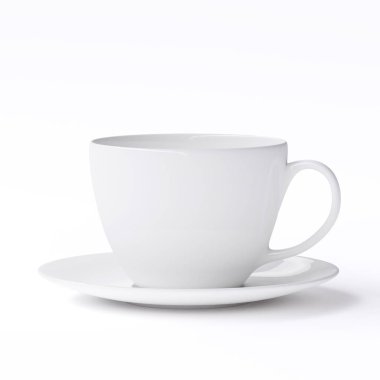 Uçan daire beyaz arka plan üzerinde izole ile boş beyaz fincan. 3D görüntü