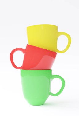 Üç bardak beyaz izole yığını. 3D görüntü