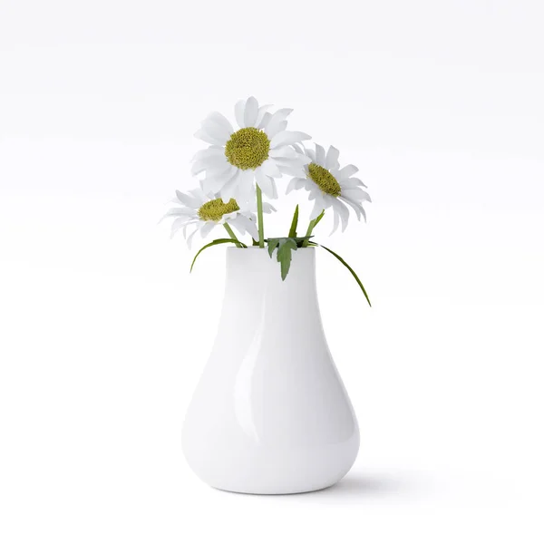 Vaso Branco Com Margaridas Isoladas Sobre Fundo Branco Imagem — Fotografia de Stock