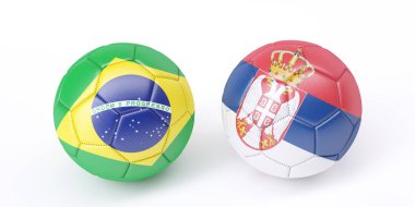 Bayraklar renkler iki futbol topları. Brezilya ve Sırbistan. 3D görüntü