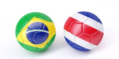 Bayraklar renkler iki futbol topları. Brezilya ve Kosta Rika. 3D görüntü