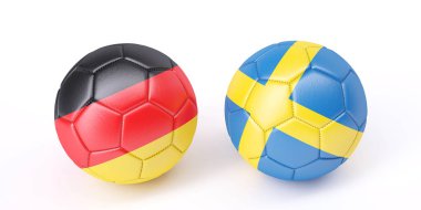 Bayraklar renkler iki futbol topları. Almanya ve İsveç. 3D görüntü