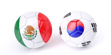 Bayraklar renkler iki futbol topları. Meksika ve Güney Kore. 3D görüntü