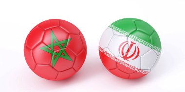 Bayraklar renkler iki futbol topları. Fas ve Iran. 3D görüntü