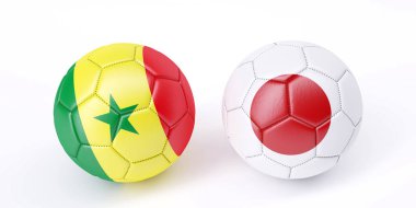 Bayraklar renkler iki futbol topları. Senegal ve Japonya. 3D görüntü