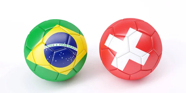 Δύο Μπάλες Ποδοσφαίρου Στα Χρώματα Των Σημαιών Βραζιλία Και Ελβετία — Φωτογραφία Αρχείου