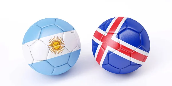 Bayraklar renkler iki futbol topları. Arjantin ve İzlanda. 3D görüntü
