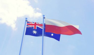 Avustralya ve Polonya, iki bayrak sallayarak karşı mavi gökyüzü. 3D görüntü