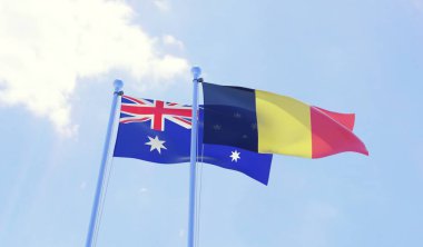 Avustralya ve Belçika, iki bayrak sallayarak karşı mavi gökyüzü. 3D görüntü