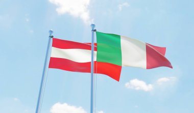 Avusturya ve İtalya, iki bayrak sallayarak karşı mavi gökyüzü. 3D görüntü