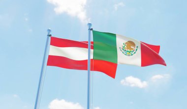 Avusturya ve Meksika, iki bayrak sallayarak karşı mavi gökyüzü. 3D görüntü