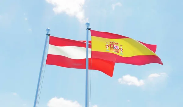 奥地利和西班牙 两个旗帜挥舞着蓝天 — 图库照片