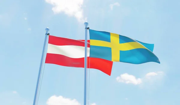 Austria Szwecja Dwie Flagi Macha Przeciw Błękitne Niebo Obraz — Zdjęcie stockowe