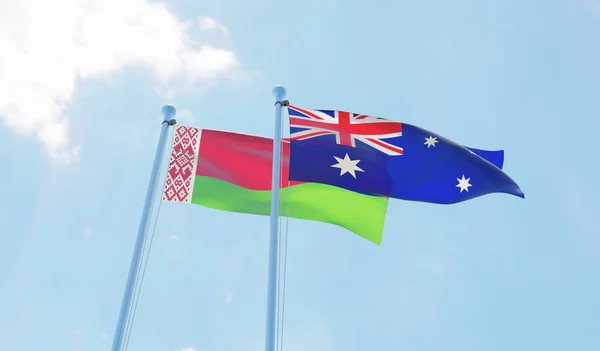 Belarus and Australia, two flags waving against blue sky. 3d image