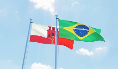 Brezilya ve Cebelitarık, iki bayrak sallayarak karşı mavi gökyüzü. 3D görüntü