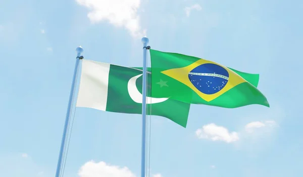 Brasilien Och Pakistan Två Flaggor Vajande Mot Blå Himmel Bild — Stockfoto