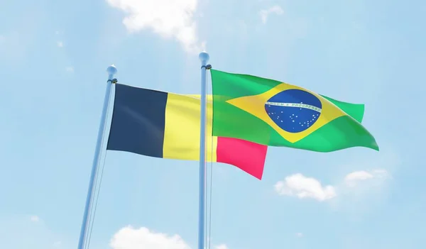 Brazil Belgium Two Flags Waving Blue Sky Image — Stock Photo, Image