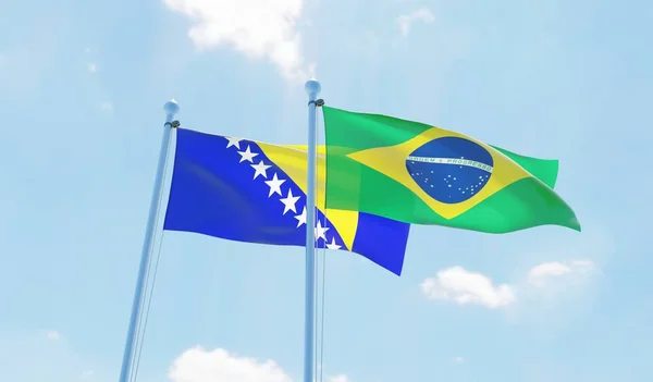 Brazilië Bosnië Herzegovina Twee Vlaggen Zwaaien Tegen Blauwe Hemel Afbeelding — Stockfoto