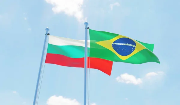 巴西和保加利亚两旗飘扬在蓝天上 — 图库照片