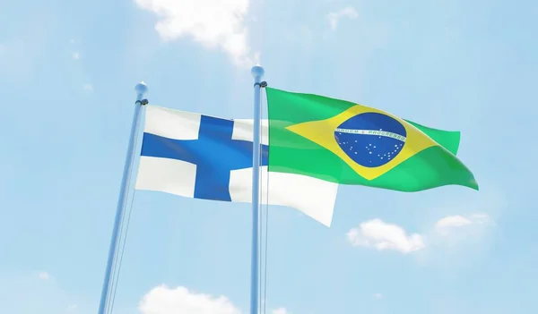 Brazylia Finlandii Dwie Flagi Macha Przeciw Błękitne Niebo Obraz — Zdjęcie stockowe