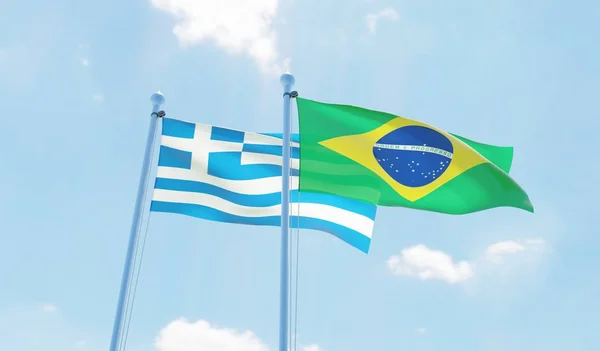 Brasil Grecia Dos Banderas Ondeando Contra Cielo Azul Imagen —  Fotos de Stock