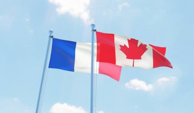 Kanada ve Fransa'da, iki bayrak sallayarak karşı mavi gökyüzü. 3D görüntü
