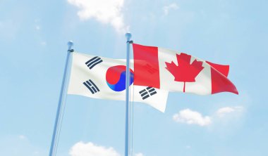 Kanada ve Güney Kore, iki bayrak sallayarak karşı mavi gökyüzü. 3D görüntü
