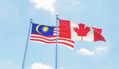 Kanada ve Malezya, iki bayrak sallayarak karşı mavi gökyüzü. 3D görüntü