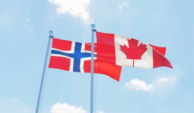 Kanada ve Norveç, iki bayrak sallayarak karşı mavi gökyüzü. 3D görüntü