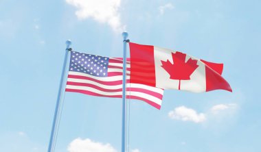 Kanada ve ABD, iki bayrak sallayarak karşı mavi gökyüzü. 3D görüntü