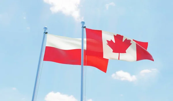 캐나다 그리고 폴란드 깃발을 물결치는 하늘에 대하여 이미지 — 스톡 사진