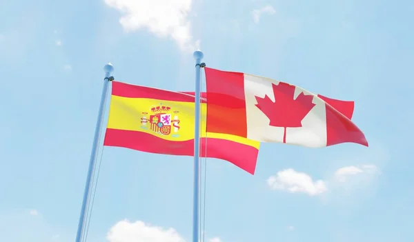 Canadá Espanha Duas Bandeiras Acenando Contra Céu Azul Imagem — Fotografia de Stock