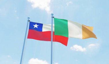 Şili ve İrlanda, iki bayrak sallayarak karşı mavi gökyüzü. 3D görüntü