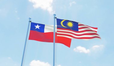 Şili ve Malezya, iki bayrak sallayarak karşı mavi gökyüzü. 3D görüntü