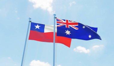 Şili ve Avustralya, iki bayrak sallayarak karşı mavi gökyüzü. 3D görüntü