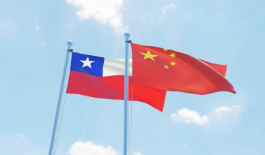 Şili ve Çin, iki bayrak sallayarak karşı mavi gökyüzü. 3D görüntü