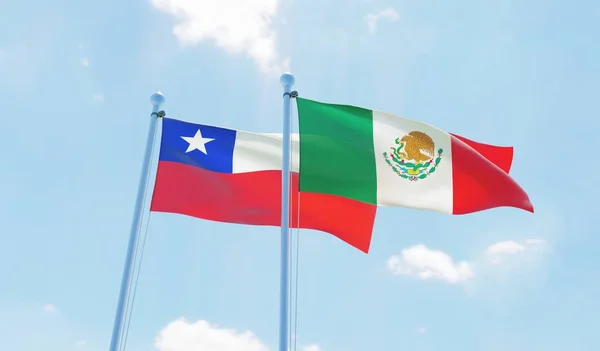 Şili Meksika Iki Bayrak Sallayarak Karşı Mavi Gökyüzü Görüntü — Stok fotoğraf