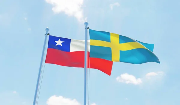 Chile Švédsko Dva Vlají Proti Modré Obloze Obrázek — Stock fotografie
