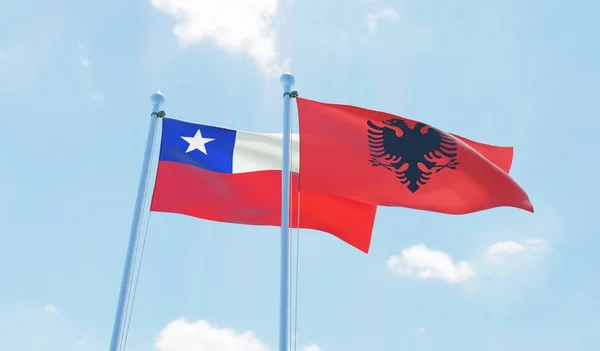 Chile Albania Dos Banderas Ondeando Contra Cielo Azul Imagen —  Fotos de Stock