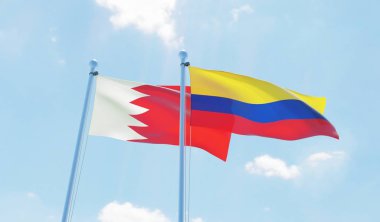 Kolombiya ve Bahreyn, iki bayrak sallayarak karşı mavi gökyüzü. 3D görüntü