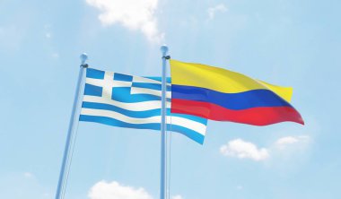 Kolombiya ve Yunanistan, iki bayrak sallayarak karşı mavi gökyüzü. 3D görüntü