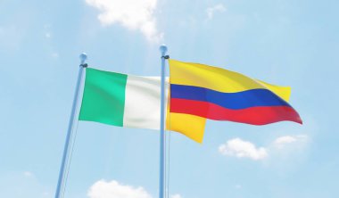 Kolombiya ve İrlanda, iki bayrak sallayarak karşı mavi gökyüzü. 3D görüntü