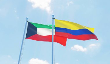 Kolombiya ve Kuveyt, iki bayrak sallayarak karşı mavi gökyüzü. 3D görüntü