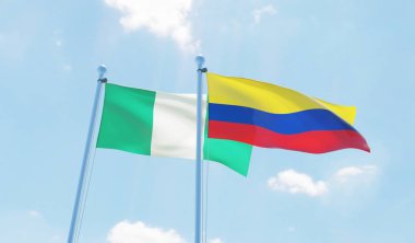 Kolombiya ve Türkiye, iki bayrak sallayarak karşı mavi gökyüzü. 3D görüntü