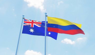 Kolombiya ve Avustralya, iki bayrak sallayarak karşı mavi gökyüzü. 3D görüntü