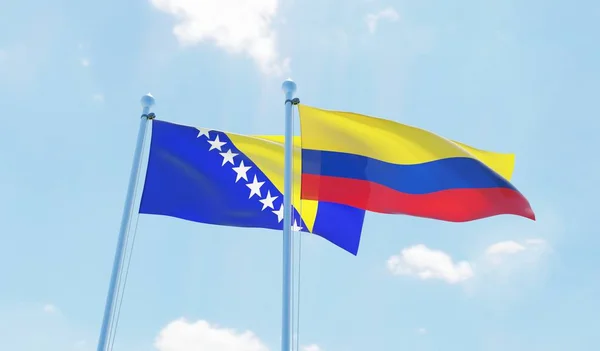 Colombie Bosnie Herzégovine Deux Drapeaux Agitant Contre Ciel Bleu Image — Photo