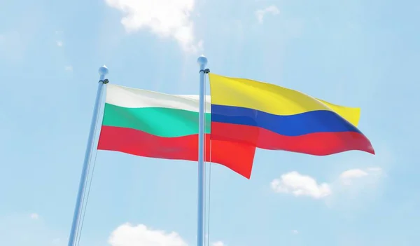 Kolumbia Bułgaria Dwie Flagi Macha Przeciw Błękitne Niebo Obraz — Zdjęcie stockowe