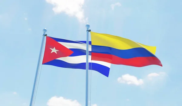 Kolumbien Und Kuba Zwei Fahnen Wehen Vor Blauem Himmel Bild — Stockfoto