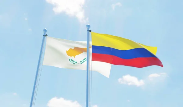 Kolumbia Cypr Dwie Flagi Macha Przeciw Błękitne Niebo Obraz — Zdjęcie stockowe