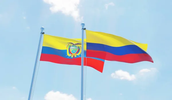 Colombia Ecuador Dos Banderas Ondeando Contra Cielo Azul Imagen — Foto de Stock